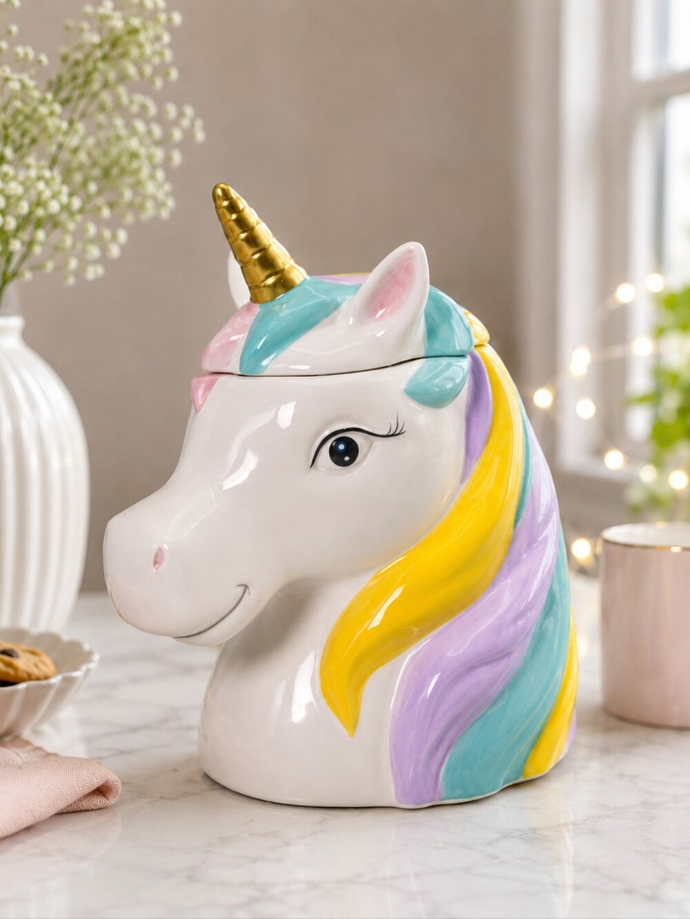 Cracker Barrel Unicorn Cookie Jar Pastel Rainbow Ceramic Canister w/Lid‎
